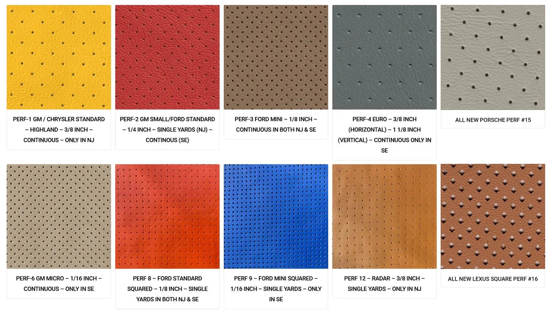 Coast To Coast leather perforation examples: Perf 1, 2, 3, 4, 6, 8, 9, 12, Porsche Perf 15, Lexus Square Perf 16